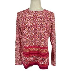 Lands End Womens Pink Orange Medallion Print Long Sleeve Top Sm 6-8 Beach Swim